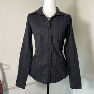 Faded Glory Stretch Black Glitter Button Up Collared Cinch Waist Long Sleeve Top